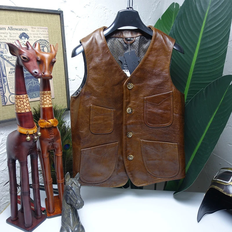 Europe Italy Japan style highend 2023 new fashion men's vest coat genuine cowhide leather Male jacket sleeveless brown xxxxl 4xl