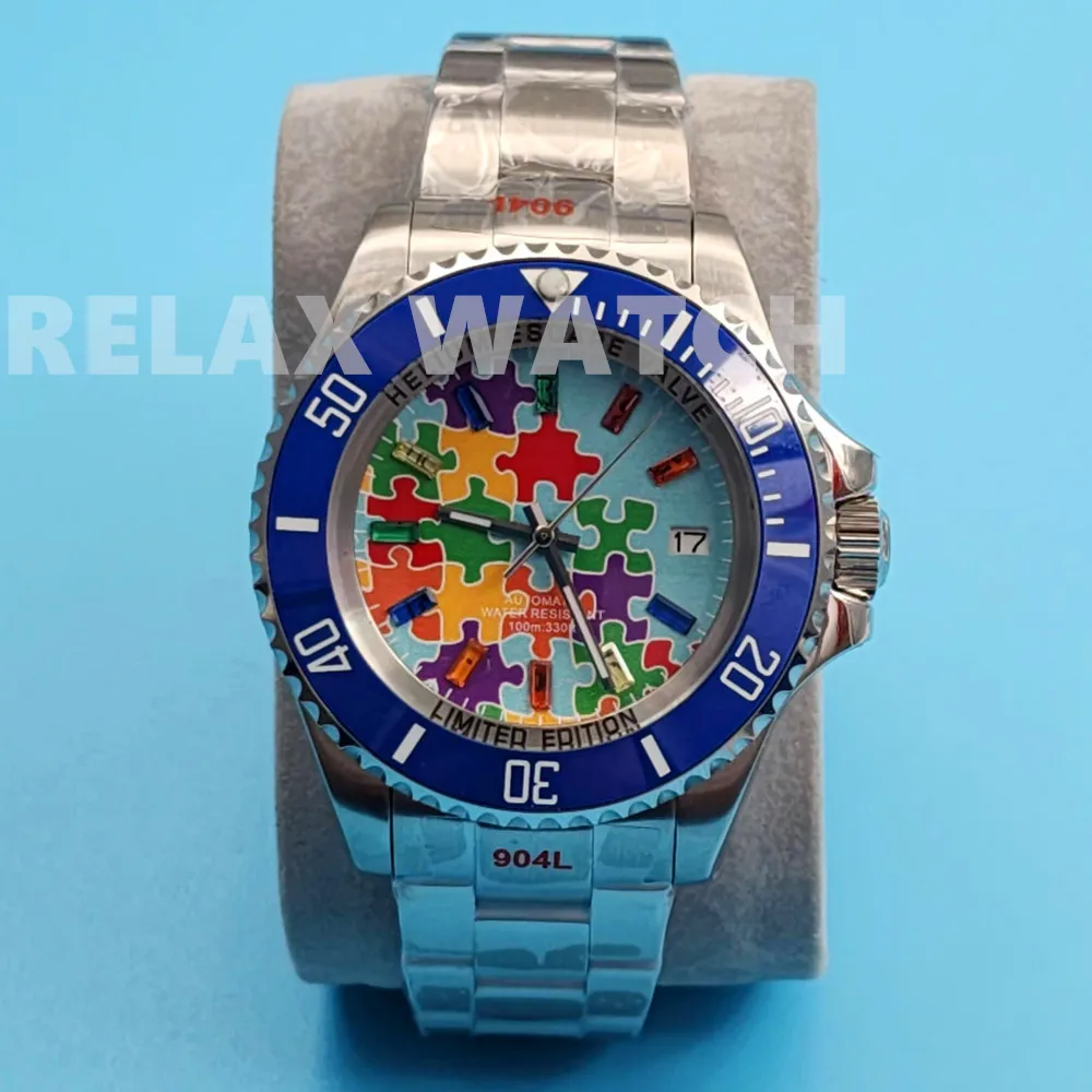 43mm SEA Colorful Stone Studs Puzzle Dial Stainless Steel Watch Japan NH35 Automatic Movement