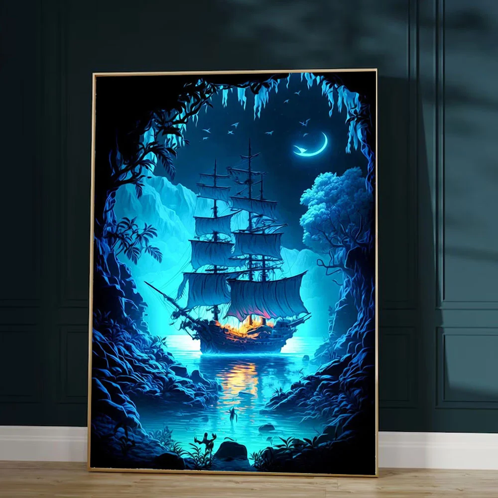 Huacan Diamond Mosaic Landscape Sailboat Full Square Round Diamond Embroidery Moon Decorative Paintings Set Rhinestone Pictures