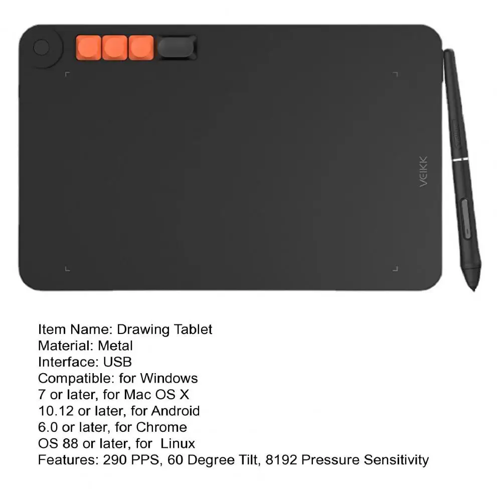 Графический планшет VO1060, 290 PPS, 60 градусов, 4 клавиши, для Android/Windows/Mac/OS