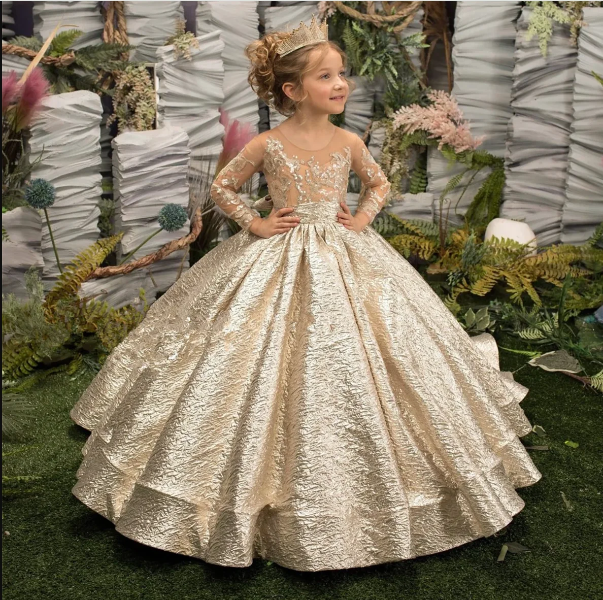 Gold Flower Girl Dress Bow Cute Girl Dress Kid Birthday Dress First Communion Dress Girl Party Gowns