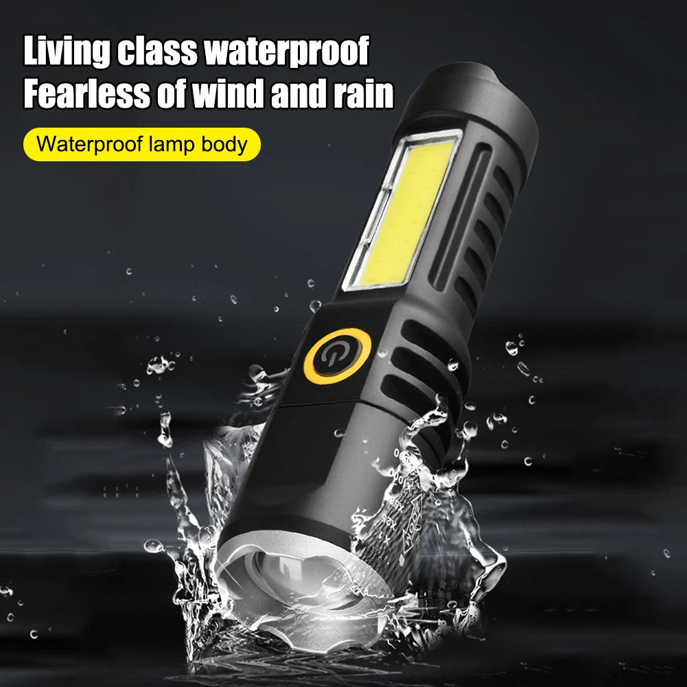 Mini LED Flashlight COB+XPE Portable Torch Type-C USB Charging Telescopic Zoom Waterproof Camping Flashlight with Side Light