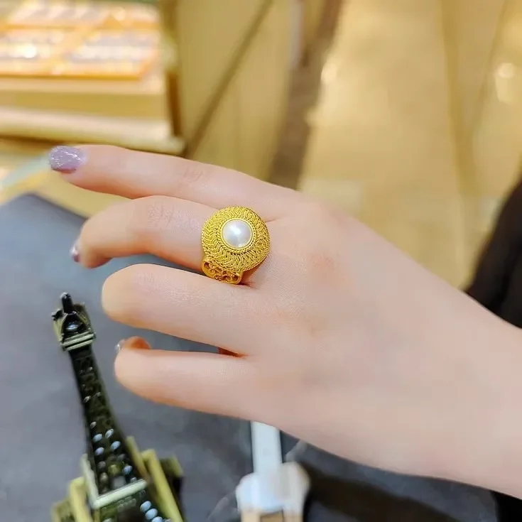 

24K pure gold ring Chinese retro silk pearl ring au9999 gold ancient fashion ring 2025 new index finger ring