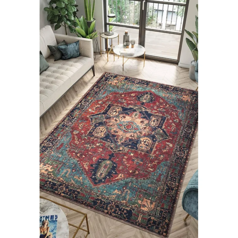 

9.x 14 Washable Area Rug – Non-Slip Backing, Low Pile, Vintage, Easy Clean & Durable Living/Dining Room or Bedroom