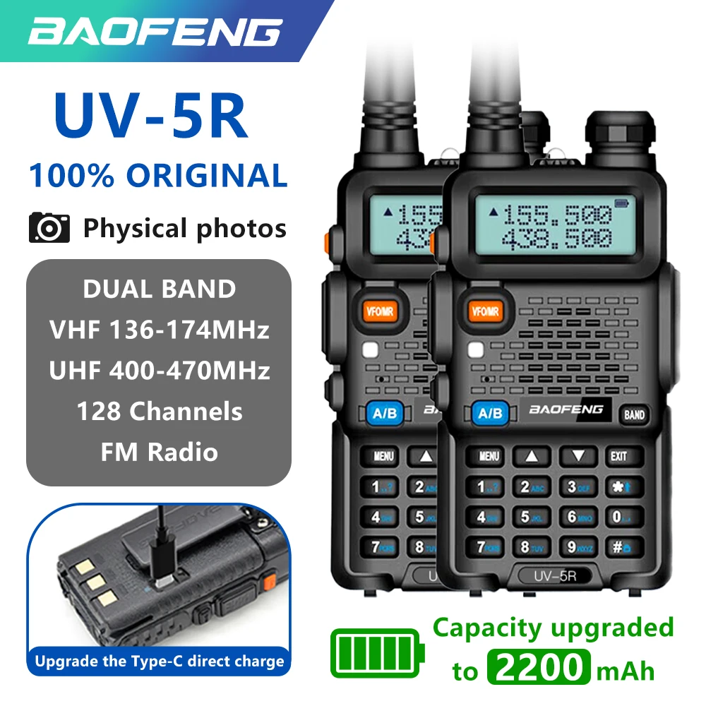 1/2PCS Baofeng Walkie Talkie UV-5R 5W Dual Band VHF UHF Portable Amateur With FM Radio 2200mAh Long Range Ham Radio For Climb