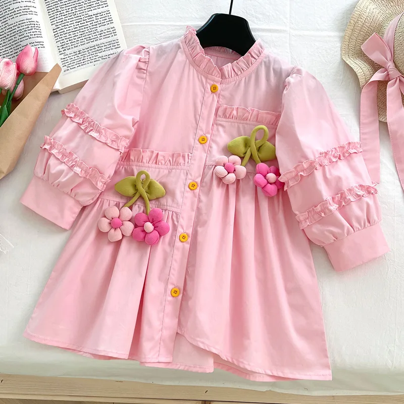 

Baby Girls Spring Autumn Dress Girl Three-dimensional Sunflower Stand Collar Denim Dress Kids Long Sleeve Irregular Shirt Skirt