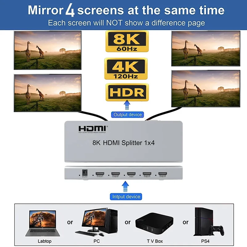 Rozgałęźnik HDMI 8K 60Hz 1x4 1 wejście 10 wyjść Rozgałęźnik wideo HDMI Konwerter audio-wideo z kamery EDID do DVD PS4 Kamera PC TV