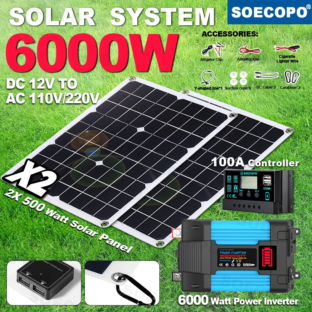 

Автономный солнечный комплект SOECOPO 6000 Вт, 2 солнечных панели, инвертор постоянного тока 12 В в переменный ток 110 В/220 В для дома и кемпинга, возобновляемая энергетическая система