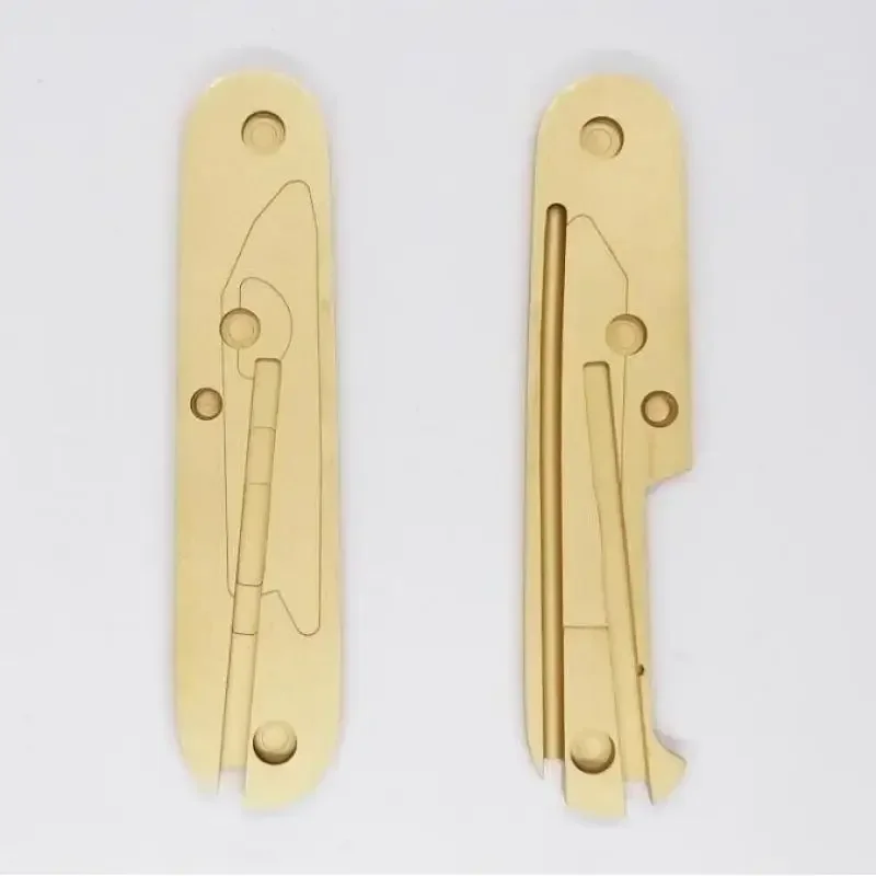 1Pair Brass Knife Handle Scales  with Tweezers Toothpick Ball Point Pen Slot for 91 mm Victorinox Swiss Army Knives