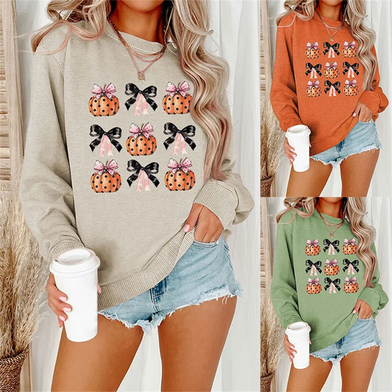 

New fashion autumn and winter cotton Halloween pumpkin bow polka dot women's loose crew-neck hoodie