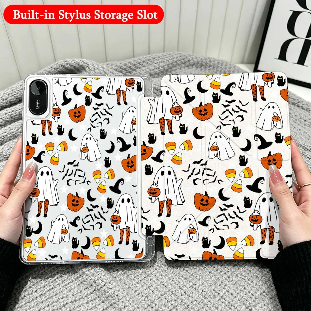 Halloween Ghost Pattern Case For Xiaomi Redmi Poco Pad 5 6 7 8 Pro SE 11 11.2 12.1 Inch Transparent Y-Shaped Folding Tablet