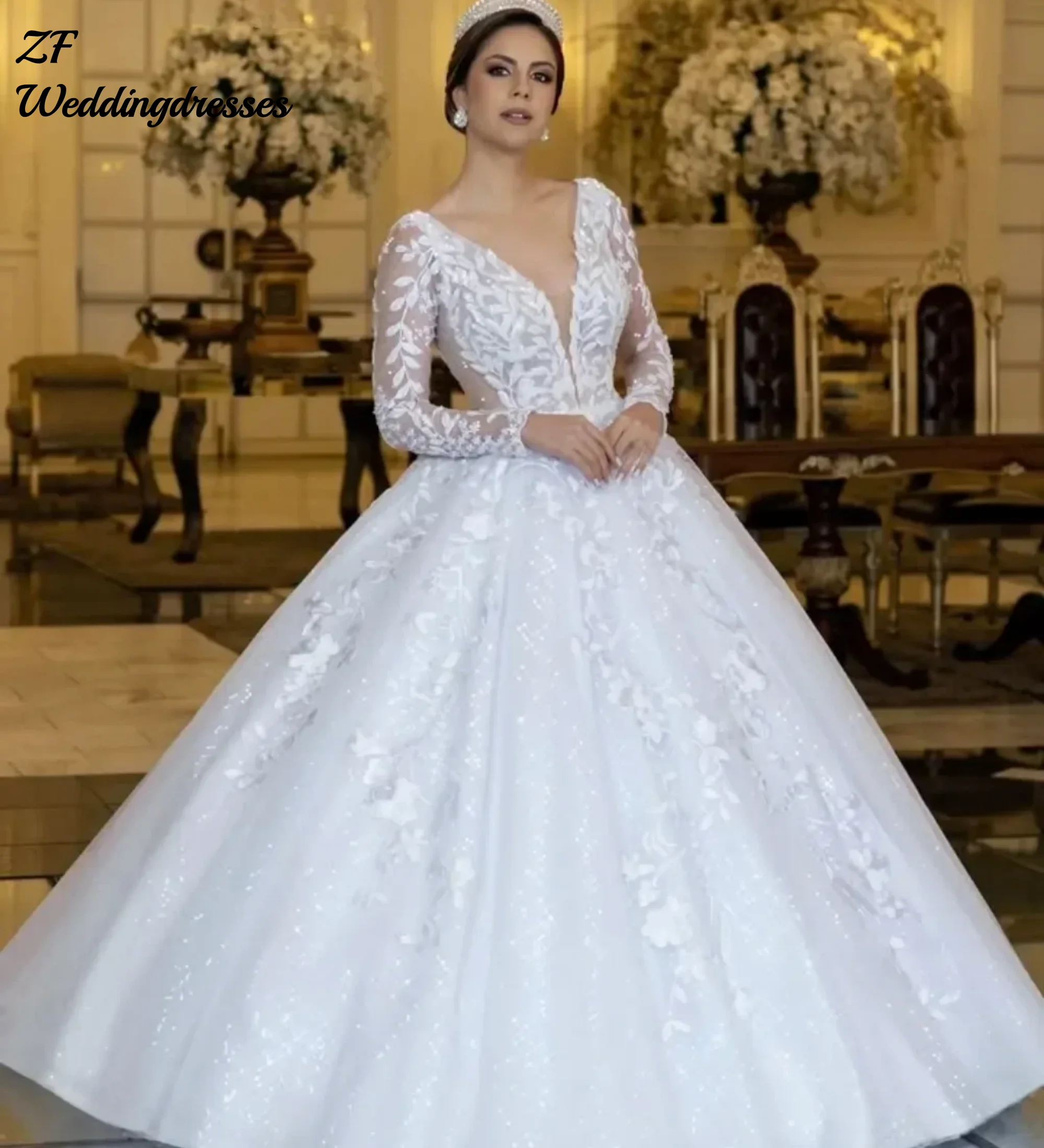 

Элегантное бальное платье по индивидуальному заказу, свадебные платья для невесты, V-образный вырез, длинный рукав, скользящий шлейф, аппликации, расшитые блестками свадебные платья, платье