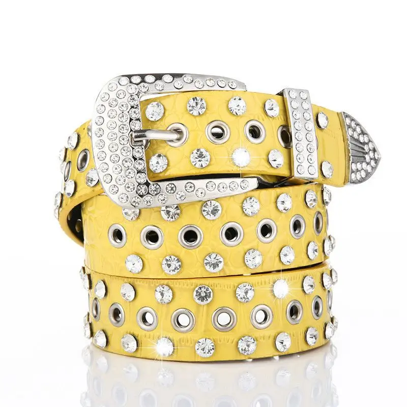 Women's Rhinestone Inlaid Belt Hollow Out Design Korean Fashion Wide Waistband Versatile Pants Belt with Crystal
