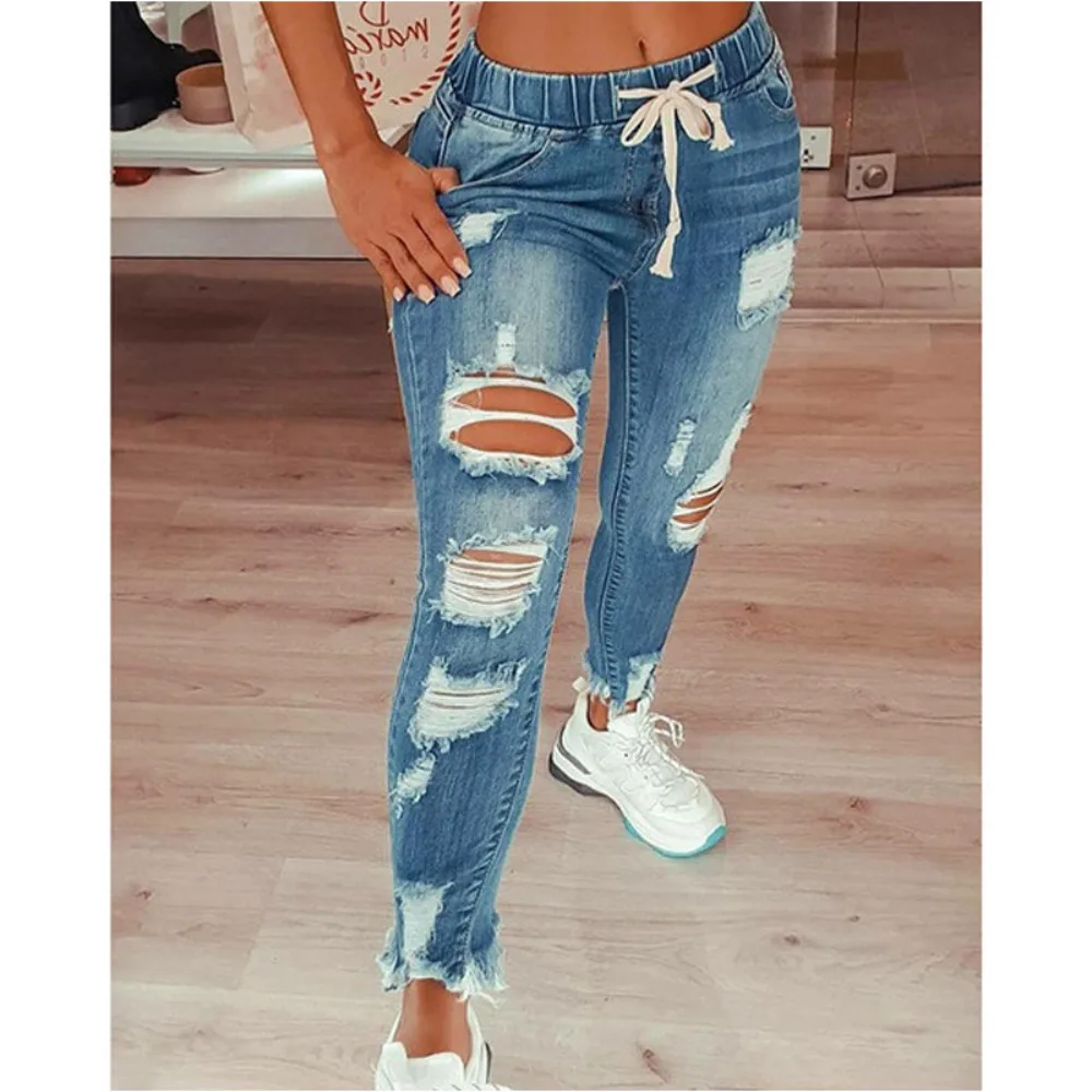 

Women Jeans Sheath Pencil Pants Mid Waist Holes Ankle Length Solid Skinny Distressed Denim Lace-up Pockets Streetwear 2025
