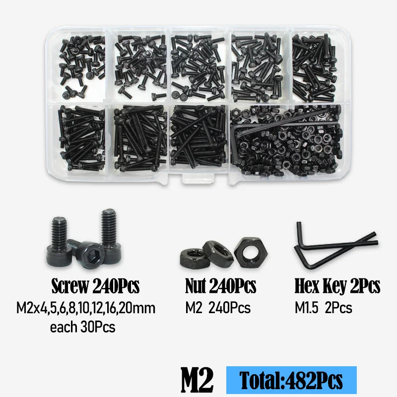 2500p schwarzer Stahl-Innensechskant-Rundkopfschrauben-Set M2 M3 M4 M5 M6 Güteklasse 12.9 DIN912 Inbus-Schrauben Muttern Unterlegscheiben-Sortiment-Set – Detail 16