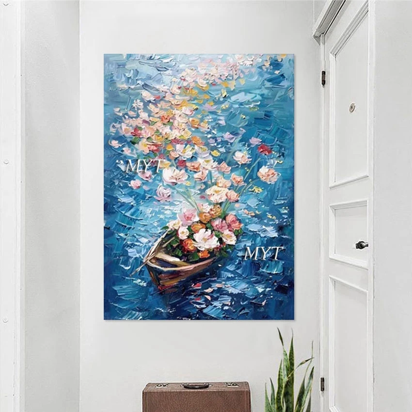 

Latest Arrival Frameless Boat Hand Drawing Decoration Oil Painting Pictures Of Flowers Natural Scenery Art Abstract Canvas Wall