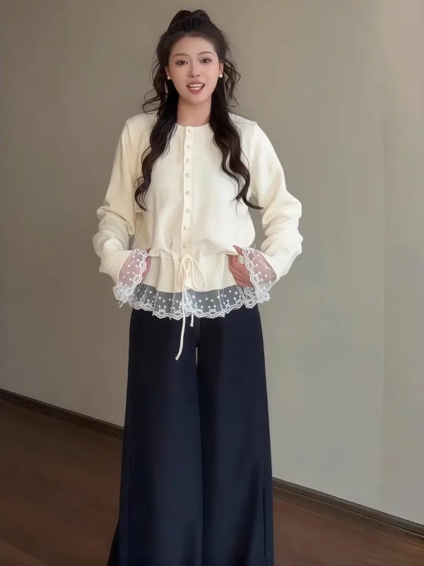 

plus Size Knitted Lace Insert Belted Open Cardigan Women's Autumn Winter Faion Casual Versatile Fat MM Meat Covering Sweater