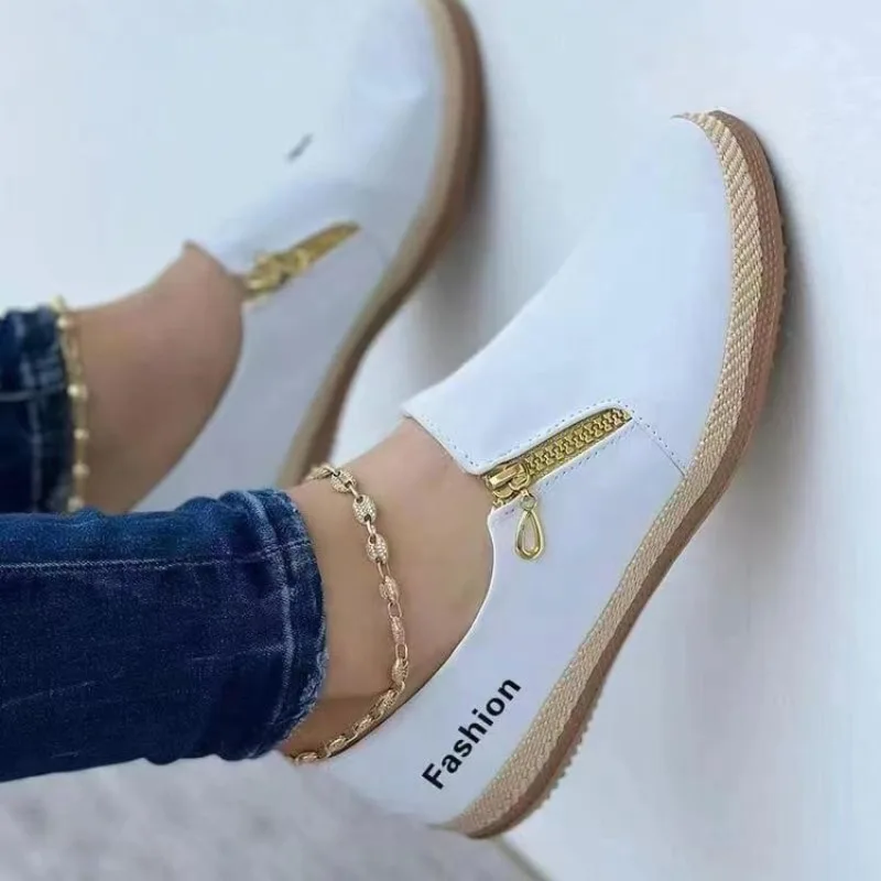 

Womens Walking Shoes Casual Side Zipper Low Top Sneakers Lightweight Comfortable Fashion Letter Print Round Toe Flats Sports New