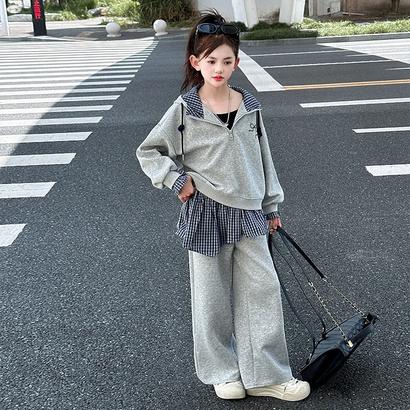 

School Children Sport Suit Casual Teenager Tracksuit Kids Clothes Sets for Girls Autumn Plaid Splicing Hoodie + Sweatpants 2pcs