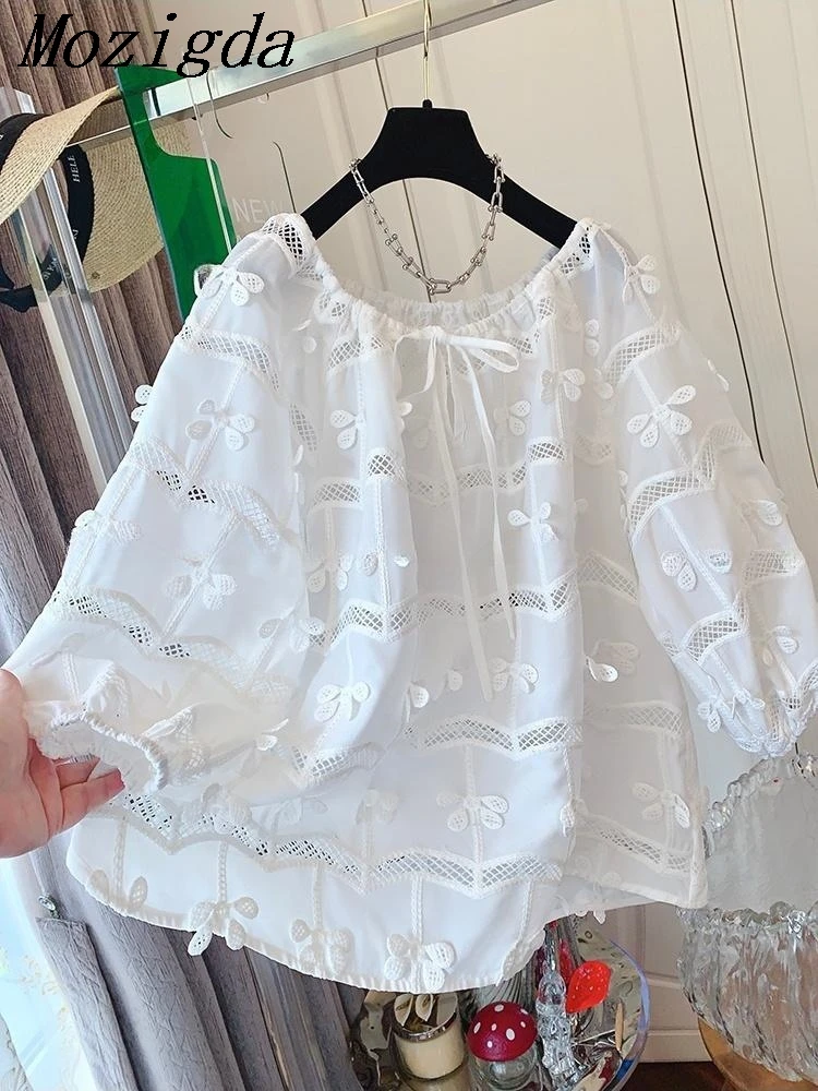 

spring summer lace Embroidered Bow shirt women loose round Neck Short Sleeve Shirt Fashion Ladies blouses Tops blusa feminina