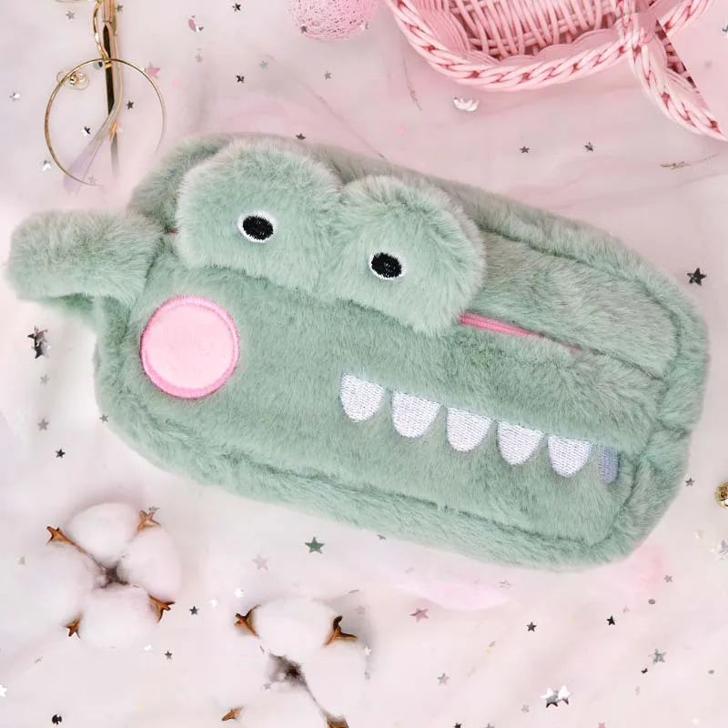 Autumn Winter | Cute Cartoon Green Crocodile Plush Pencil Bag Kawai Kid Soft Furry Animal Stationery Bag Back To School Supplies