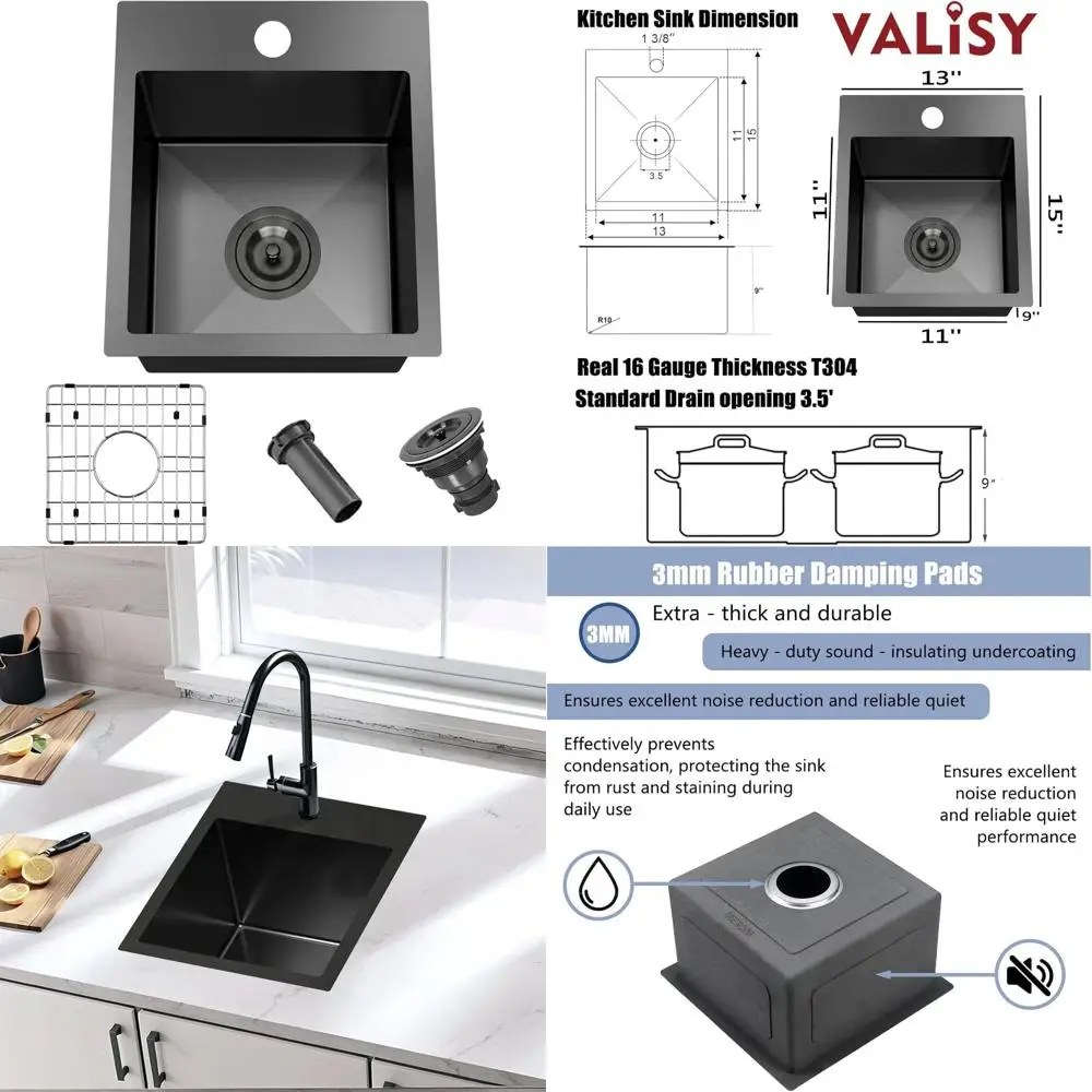 

Stainless Steel Single Bowl Kitchen Sink - 13x15 Inch Square Drop-In Workstation Sink with Black Basin for Small Spaces