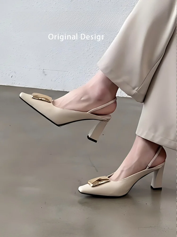 

Leather Commuter Style Square Head Thick Heel Women's Shoes Metal Decoration High Heel Comfortable Fashionable Summer Sandals