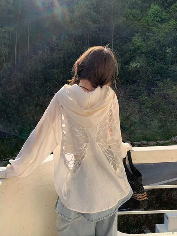 

plus Size Embroidery Hoodie Long Sleeve Back Hollow out Women's Casual Jacket Loose Fit Summer Sun Protection Coat