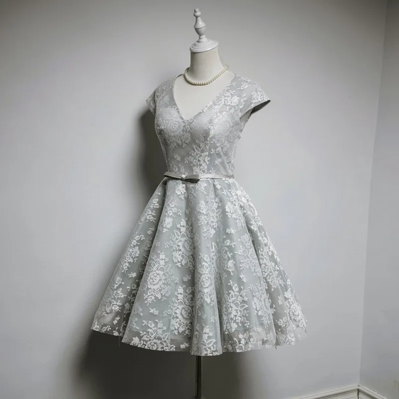 Robe courte de demoiselle d'honneur en dentelle argentée, longueur aux genoux, pour fête de mariage, soirée formelle, bal, anniversaire, Cocktail