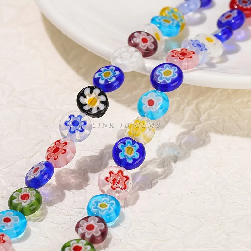 6 8 10mm Lampwork Flowers Beads Glazed Glass Flat Round Loose Spacer Beads for Jewelry Making DIY Bracelet Necklace Accessory