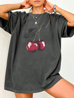 Women'S T-Shirt Black White Gray Cherry Print Cotton T-Shirt Round Neck Loose And Breathable Short Sleeved Simple Casual Top