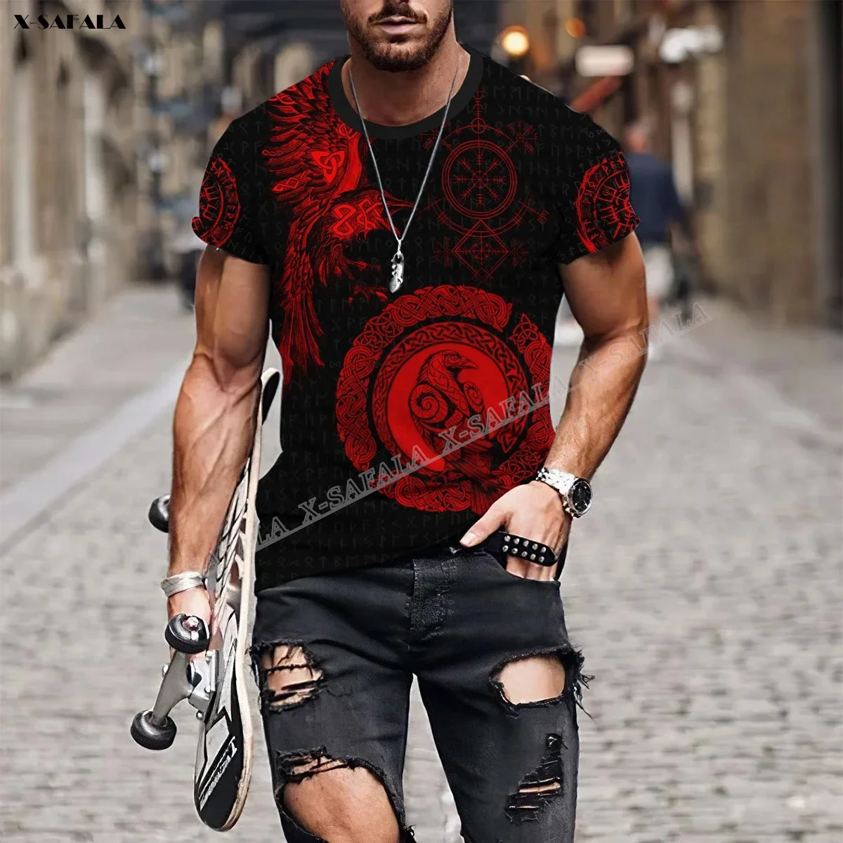 Popular Red Raven Viking 3D Printed Men T-Shirt Top Tee Short Sleeve Milk Fiber Baby Skin Feeling Breathable Quick Dry Smoothly