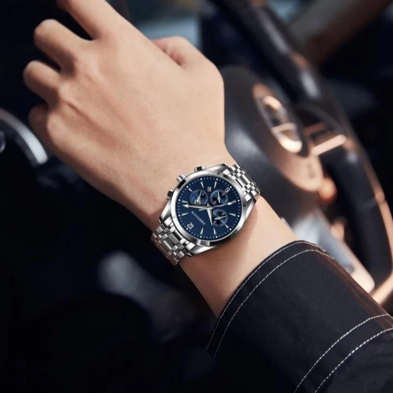 Abbylun-メンズクォーツ時計,ステンレス鋼ストラップ,多機能,3眼,ビジネス,防水,829