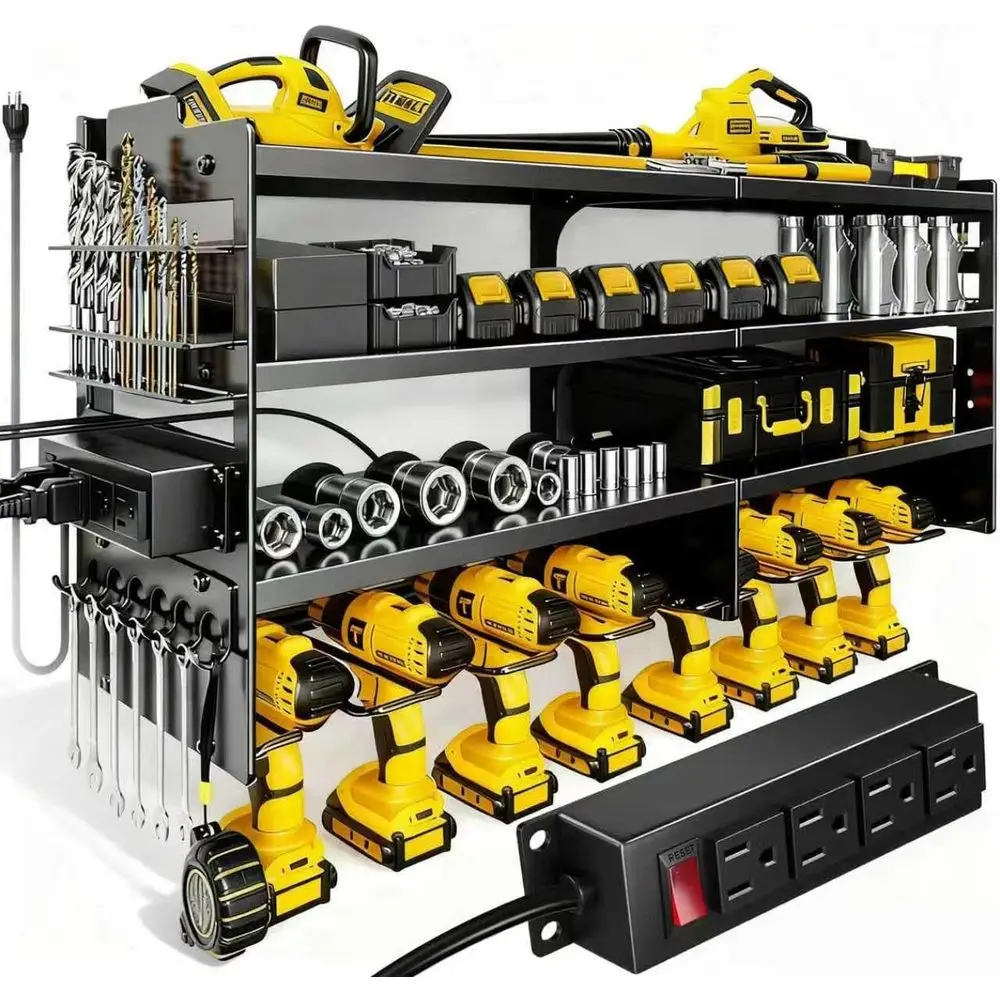 

4-Tier Heavy-Duty Wall-Mounted Tool Organizer with Charging Station and 8-Drill Holder for Garage Workshop