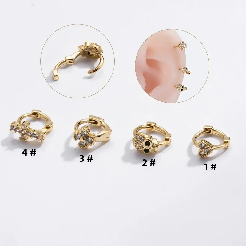 1PC Stainless Steel Gold Tone Endless Cross Heart Skull Huggie Hoop Earrings for Cartilage Women