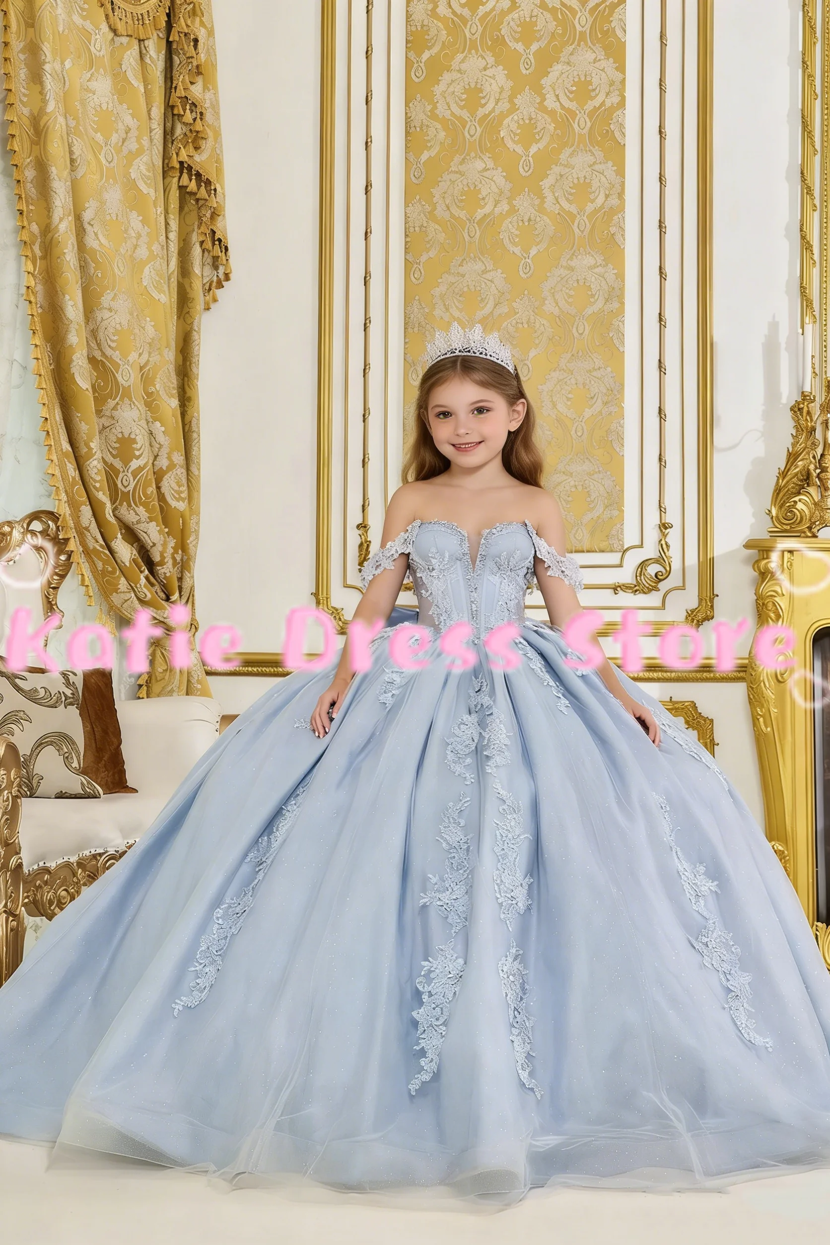 

Небесно-голубое платье с цветочным узором для девочек на свадьбу, тюлевое платье с кружевной аппликацией, детское бальное платье принцессы для дня рождения, первого причастия, на заказ