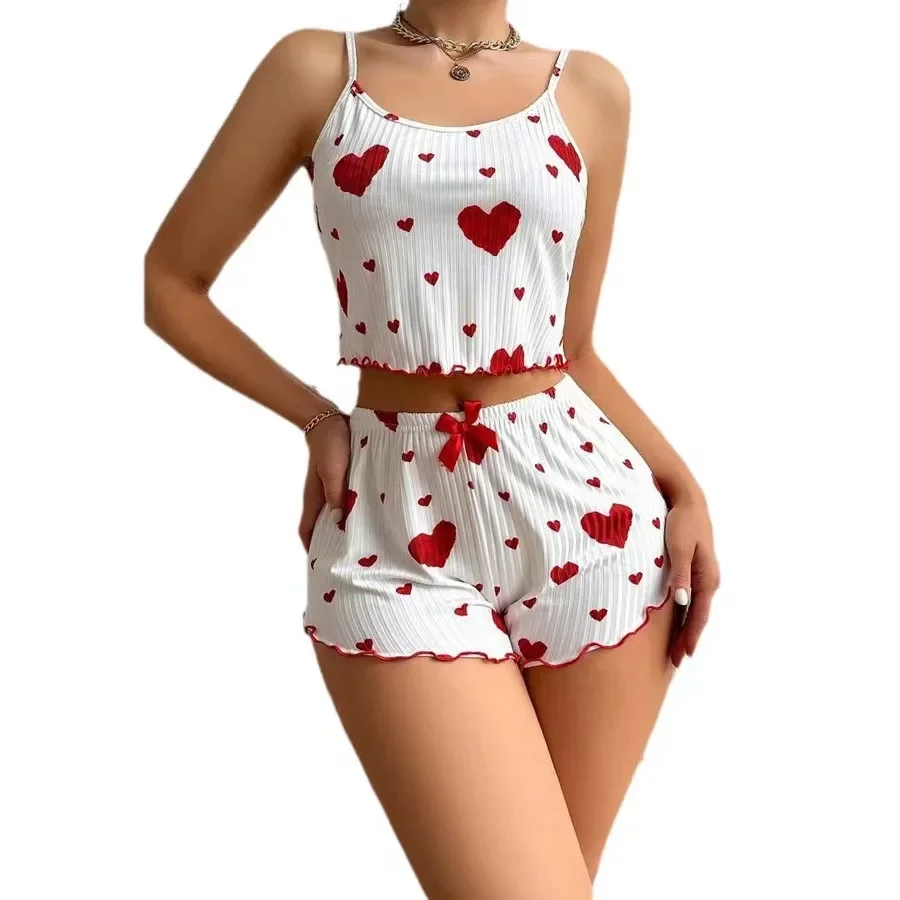 Women\'s Pajamas Set Sleepwear 2 PCS Short Tank Tops And Shorts S M L White Ventilate Soft Casual Love Printing