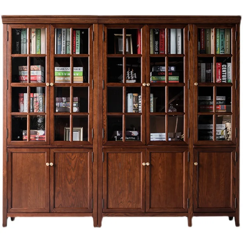 

American solid wood combination bookcase glass with door light luxury household vertical cabinet