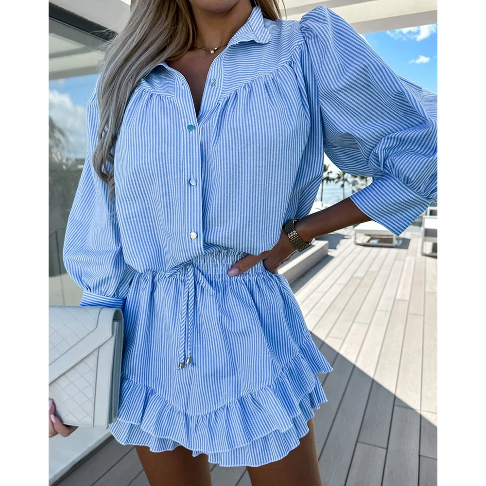 Women Lantern Sleeve Buttoned Shirt & Ruffle Hem Skirts Sets Female Long Sleeve 2 Piece Casual Summer 2024 Outfits Clothing