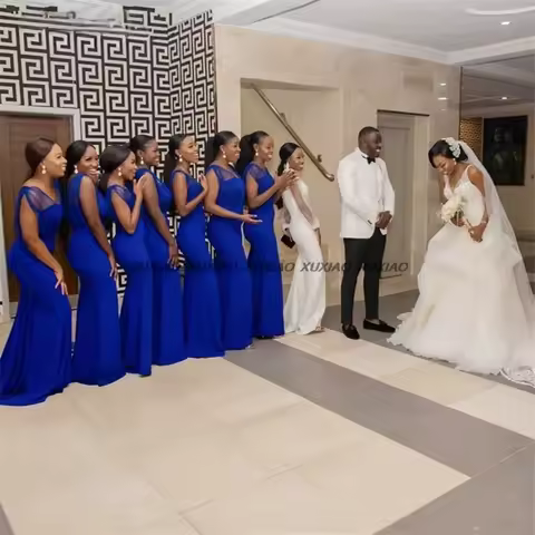 Royal Blue Sheer Neck V-neck Bridesmaid Dresses Long African Wedding Mermaid Backless Dress Evening Prom