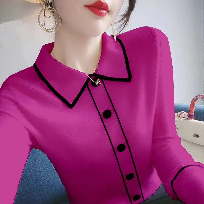 Fashion Lapel Spliced Button All-match Knitted Blouse Women\'s Clothing 2022 Autumn New Casual Pullovers Loose Office Lady Shirt