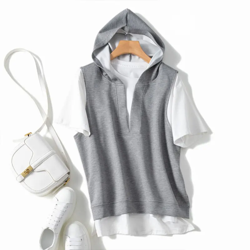 Hooded Vest Top Summer Casual Fashion Loose Pure Cotton Two-Piece Set Base Shirt Women's Premium Comfortable Breathable