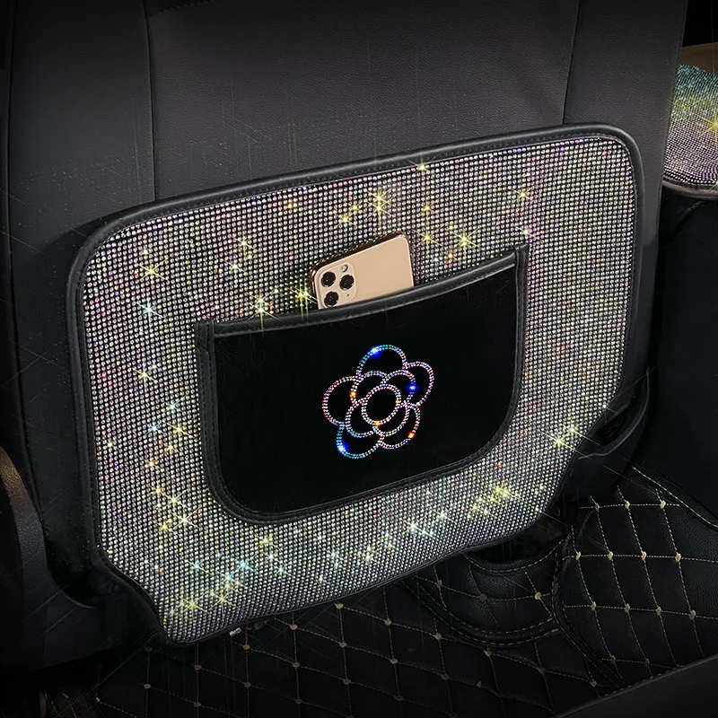 New Car Interior Decorations Cartoon Camellia Diamond Seat Back Storage Multifunction Universal Car Anti-kicd Pad Cushion