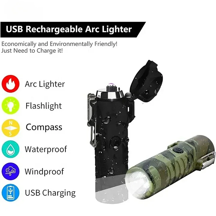 Outdoor Waterproof Arc Lighter Lighting Compass Usb Rechargeable Electric Lighter Multifunctional Cigarette Lighter