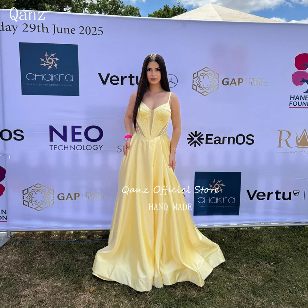 

Qanz Modern Yellow Prom Dresses Spaghetti Straps Satin Elegant Evening Dresses For Woman Party Long Corset Party Gown Customized