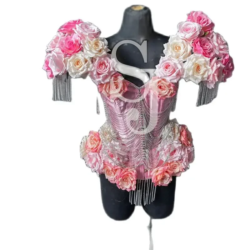Body Vintage avec chaîne de forage à fleurs pour femmes, tenues de Festival, Costume de danseuse Gogo, robe de Jazz sur scène, vêtements Rave