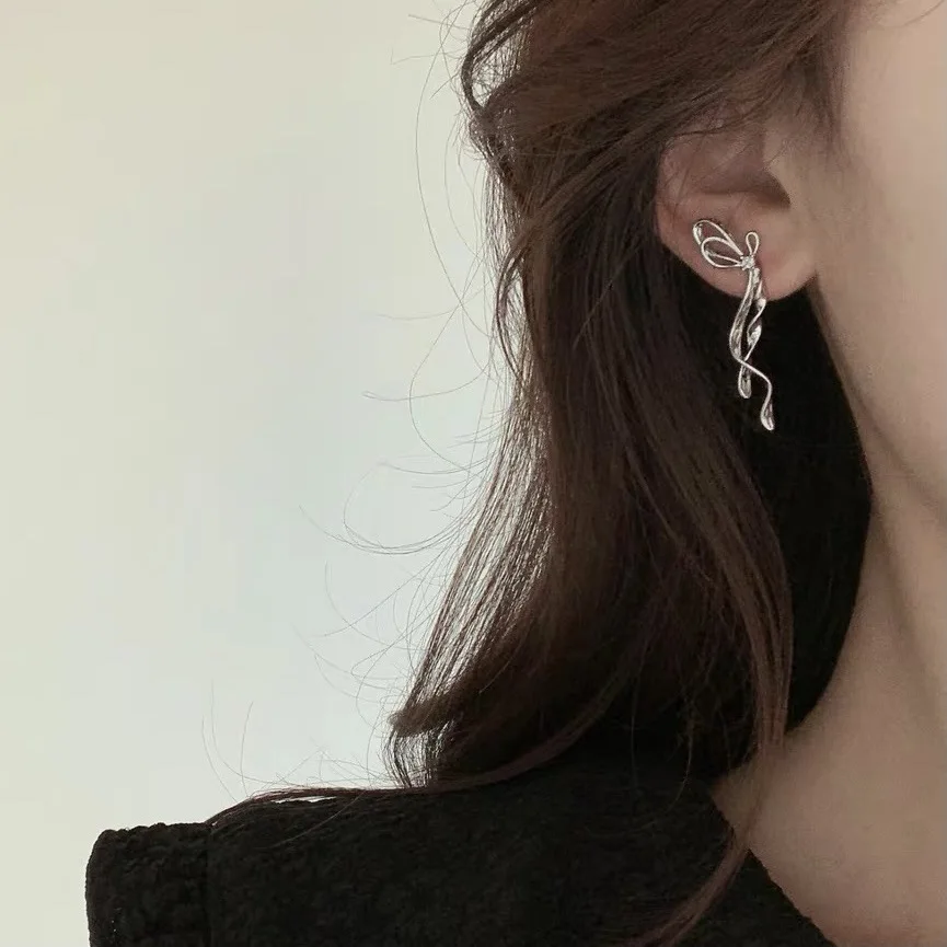Bow Tassel Dangle Earrings Women Silver Plated Stainless Steel French Vintage Elegant Daily Work Party Fashion Jewelry