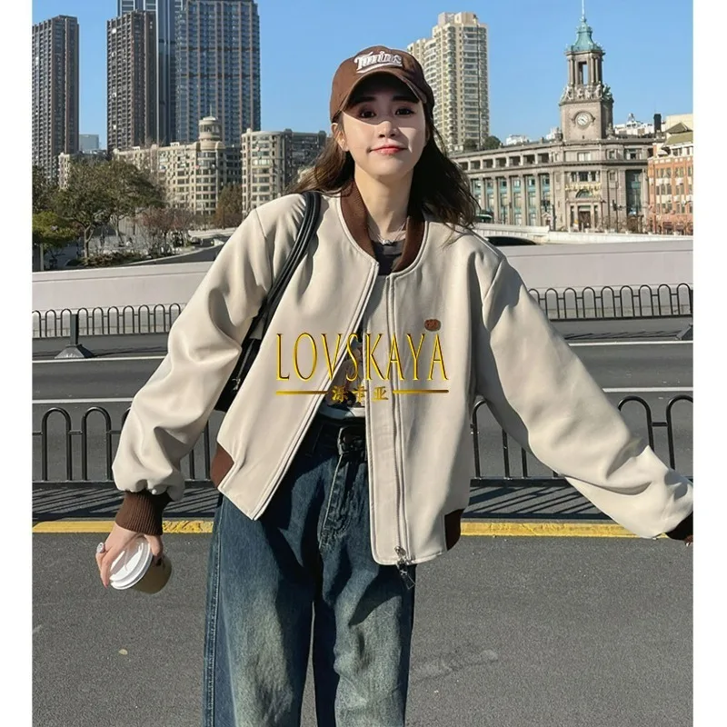 

Fashionable design loose and casual color blocking jacket American retro baseball jacket women spring and autumn new style