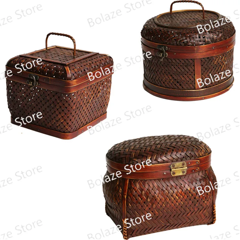 Vintage Bamboo Storage Box Tea Box Tea Room with Lid Storage Basket Chinese Props Tea Ceremony Snack Basket