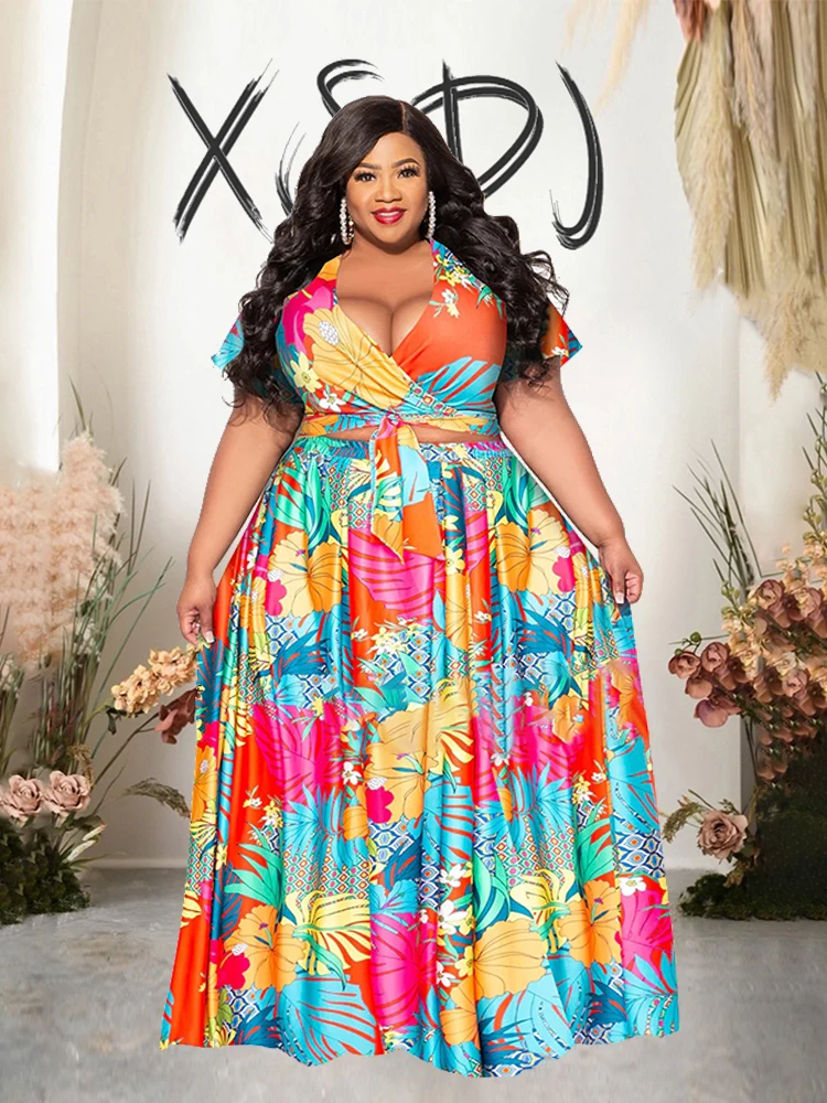 

Dress Set 2 Piece for Women Summer New In Plus Size Matching Sets Short Top and Long Dress Sexy Outfits Wholesale Dropshipping